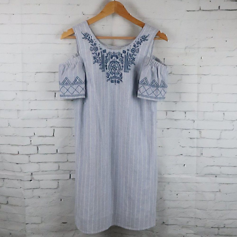KNOX ROSE BLUE & WHITE STRIPE COLD SHOULDER MIDI DRESS WITH EMBROIDERY DETAIL